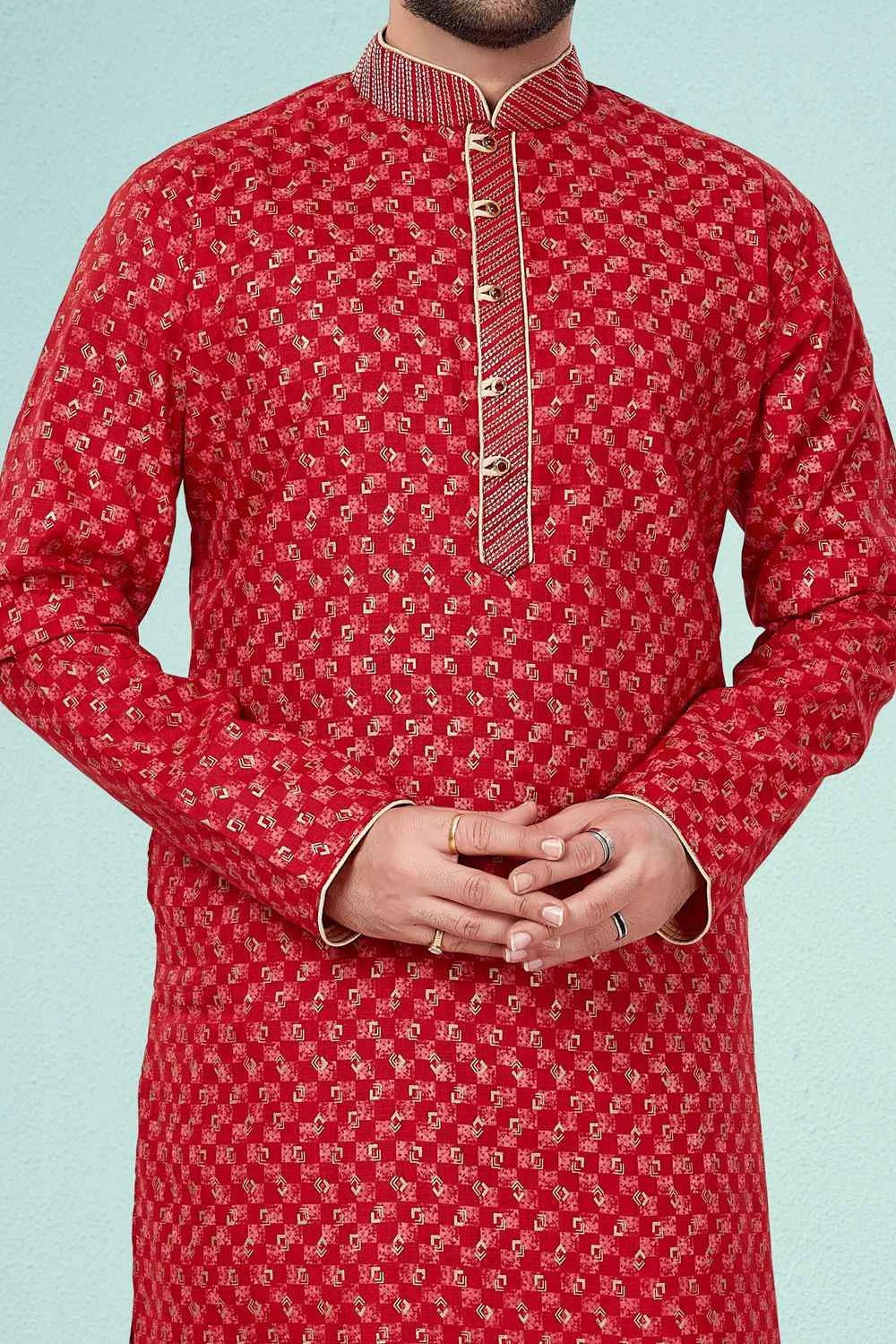 Red Printed Cotton Silk Kurta Pajama (NMK-4823)