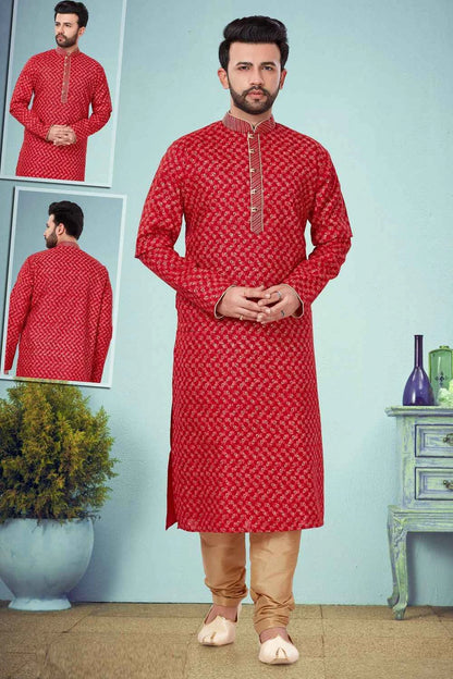 Red Printed Cotton Silk Kurta Pajama (NMK-4823)