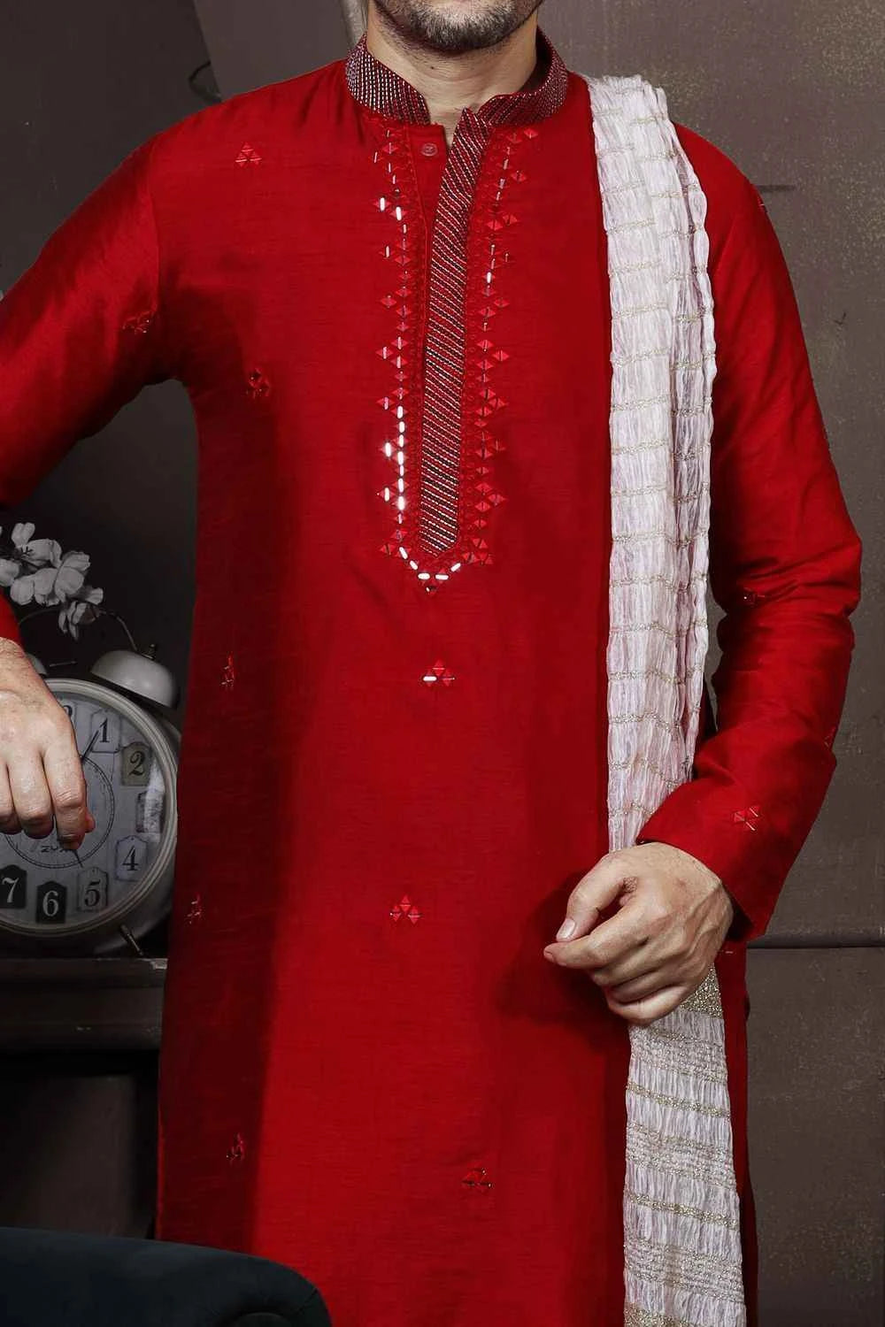 Red Silk Mens Kurta Pajama (NMK-6031)