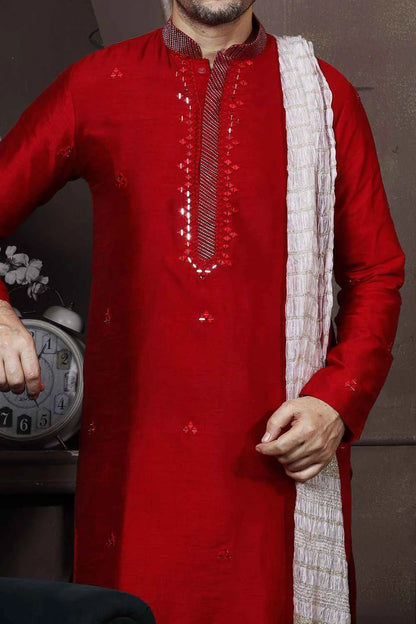 Red Silk Mens Kurta Pajama (NMK-6031)
