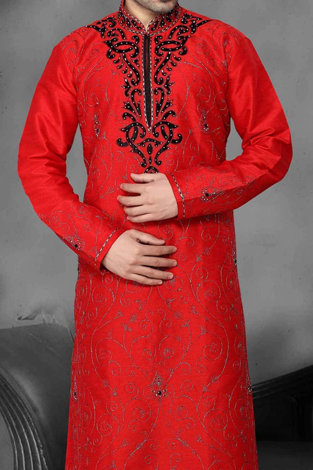 Redish Maroon Art Dupion Designer Kurta Pajama (NMK-2179)