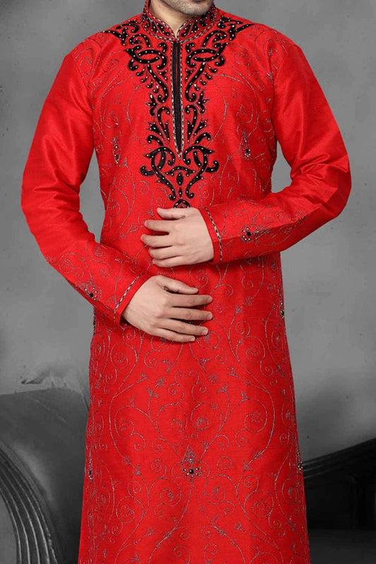 Redish Maroon Art Dupion Designer Kurta Pajama (NMK-2179)