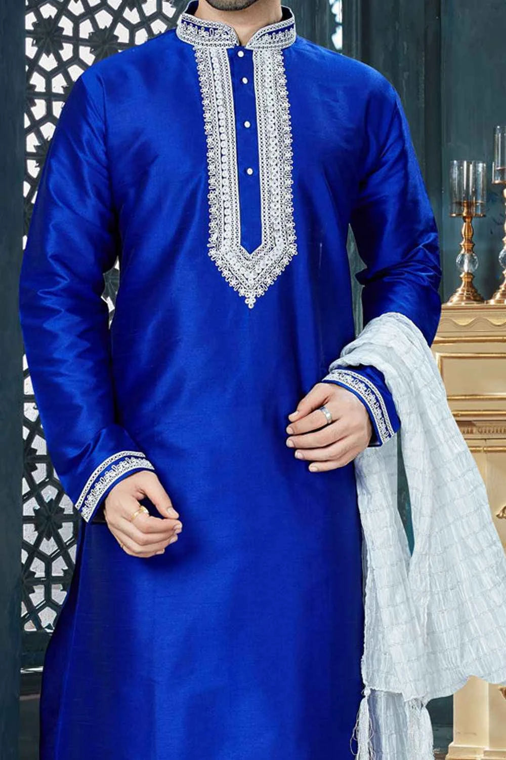 Royal Blue Art Dupion Regular Kurta Pajama (NMK-3812)