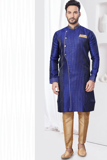 Royal Blue Jaquard Indo Western (NMK-7840) - Nihal Fashions