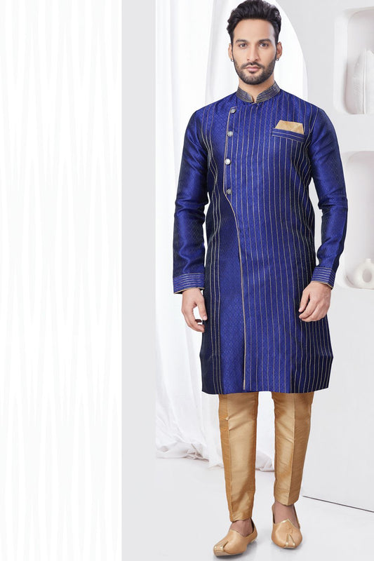 Royal Blue Jaquard Indo Western (NMK-7840) - Nihal Fashions