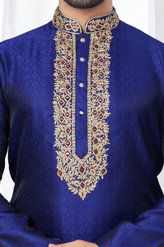 Royal Blue Jaquard Kurta Pajama (NMK-7814) - Nihal Fashions