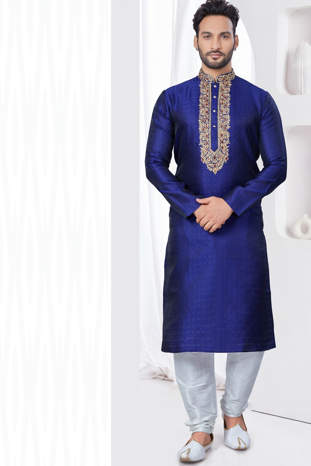 Royal Blue Jaquard Kurta Pajama (NMK-7814) - Nihal Fashions