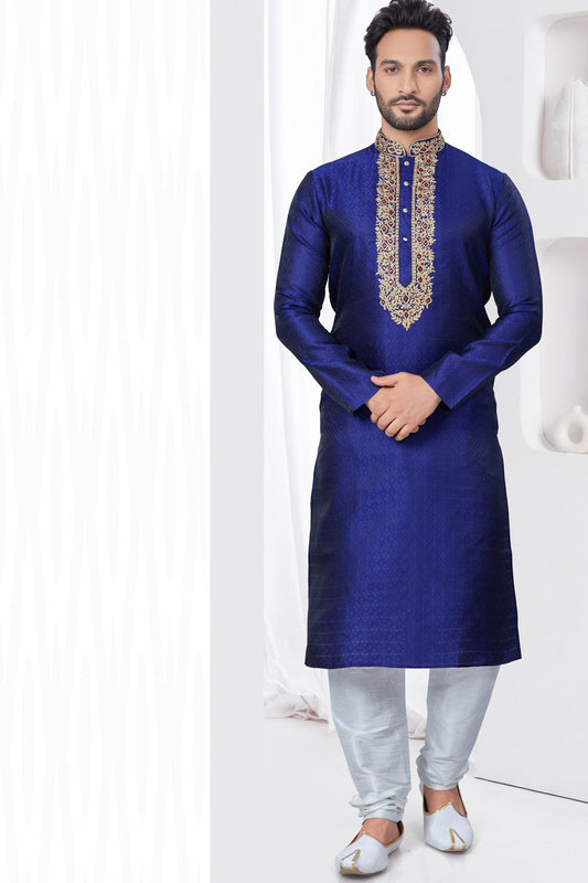 Royal Blue Jaquard Kurta Pajama (NMK-7814) - Nihal Fashions
