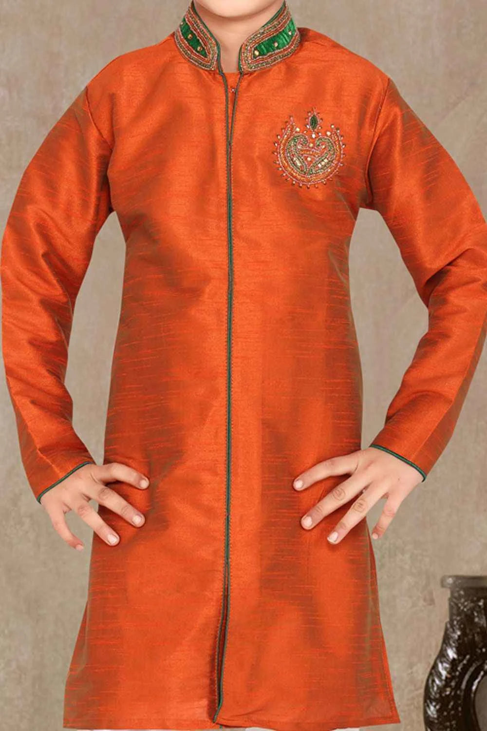 Rust  Art Dupion Kids Sherwani (NKK-459)