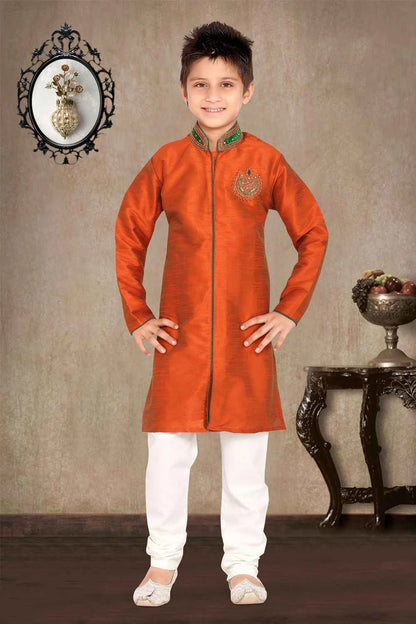 Rust  Art Dupion Kids Sherwani (NKK-459)