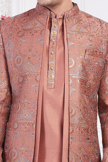 Rust Art Silk 3 piece Jacket Set (NMK-8402) - Nihal Fashions