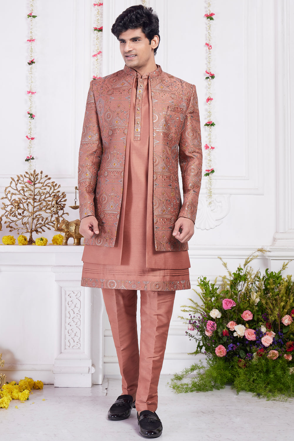 Rust Art Silk 3 piece Jacket Set (NMK-8402) - Nihal Fashions