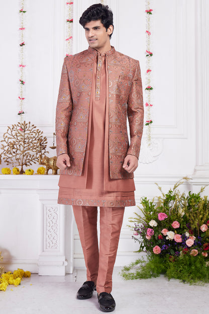 Rust Art Silk 3 piece Jacket Set (NMK-8402) - Nihal Fashions