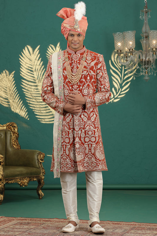 Rust Art Silk Mens Sherwani (NMK-8597) - Nihal Fashions