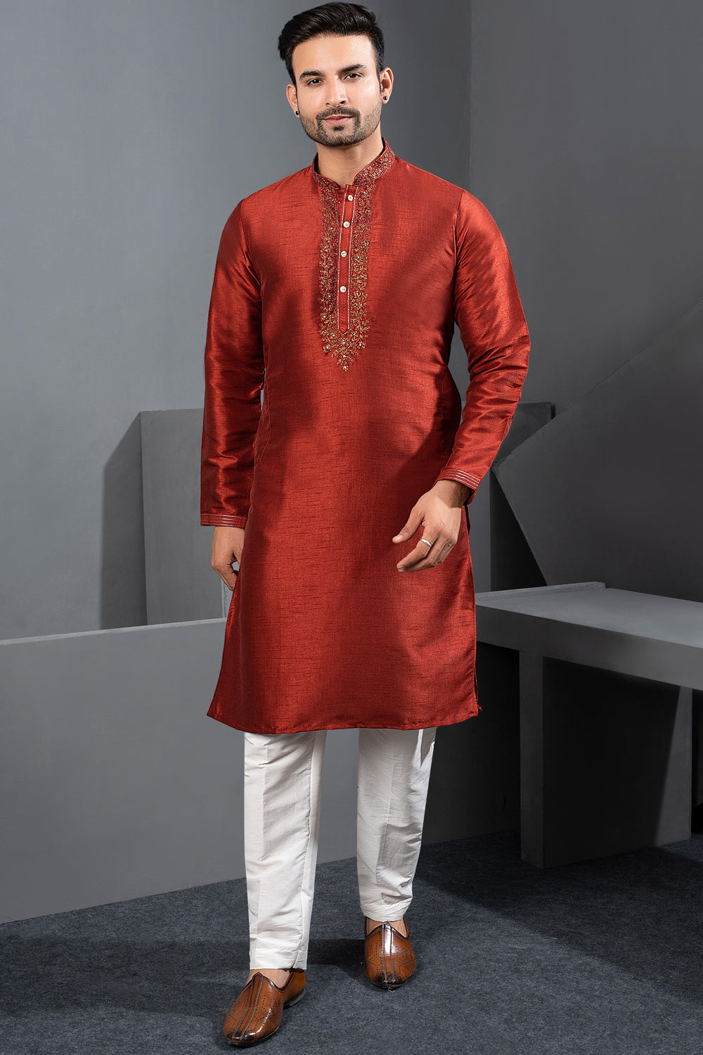 Rust Banglori Silk Kurta Pajama (NMK-8720) - Nihal Fashions