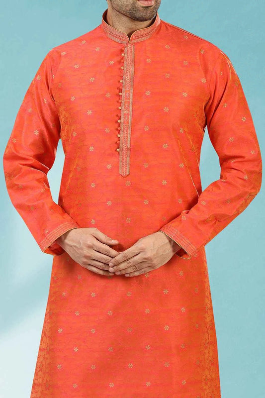 Rust Jaquard Silk Brocade Mens Kurta Pajama (NMK-5189)