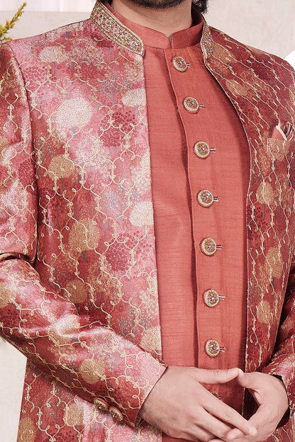 Rust Silk Mens 3 piece Jacket Set (NMK-8411) - Nihal Fashions