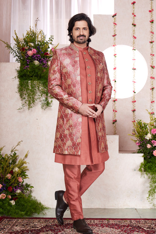 Rust Silk Mens 3 piece Jacket Set (NMK-8411) - Nihal Fashions