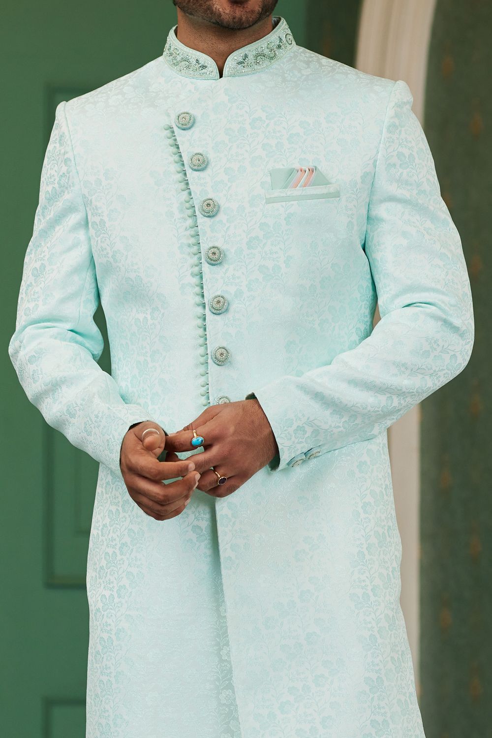 Sea Blue Imported Jaquard Silk Indo Western (NMK-7141) - Nihal Fashions