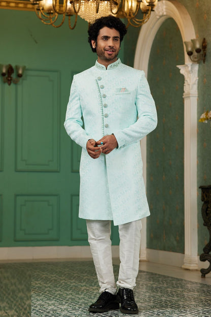 Sea Blue Imported Jaquard Silk Indo Western (NMK-7141) - Nihal Fashions