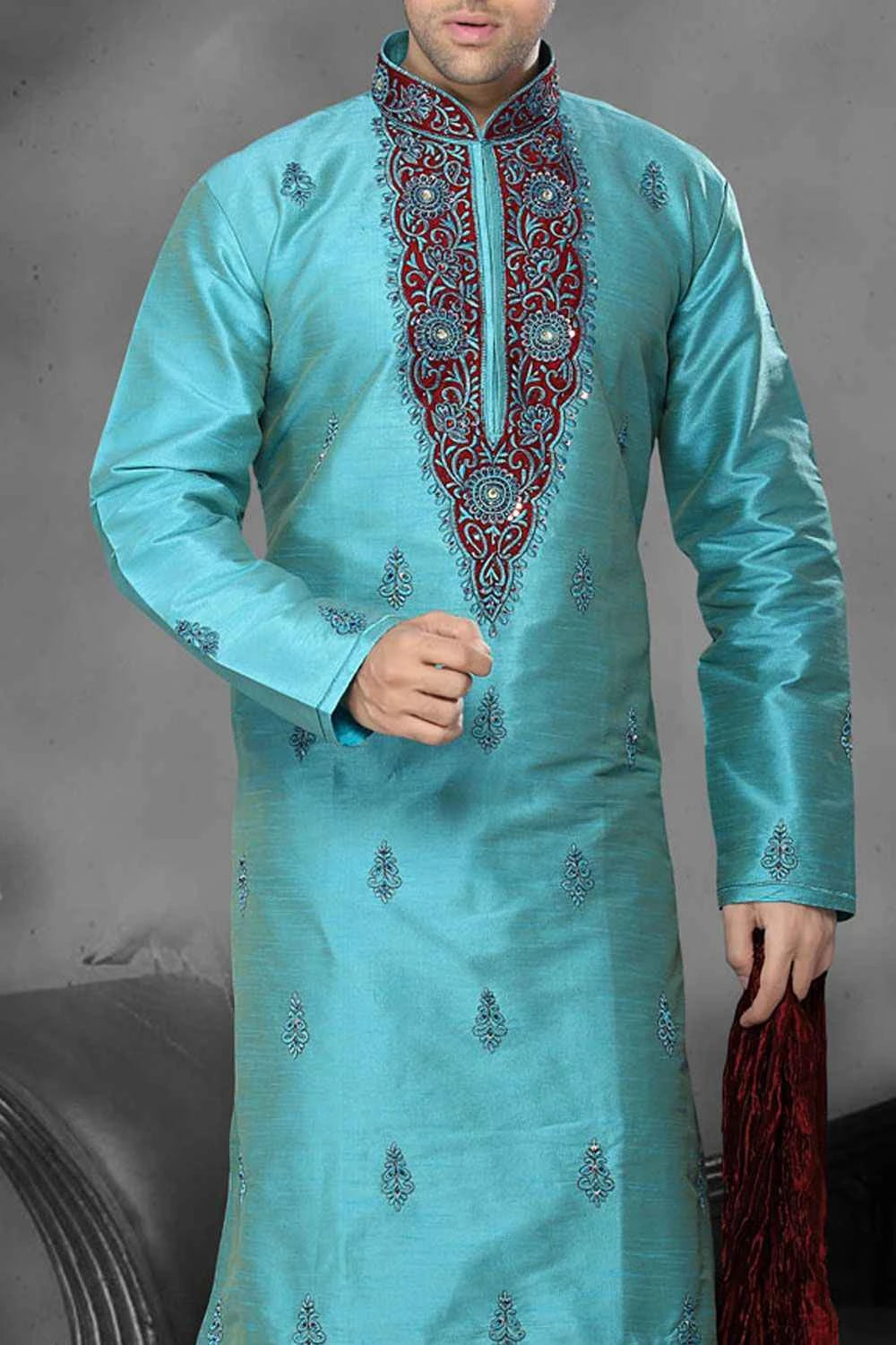 Sea Green Art Dupion Designer Kurta Pajama (NMK-2190)