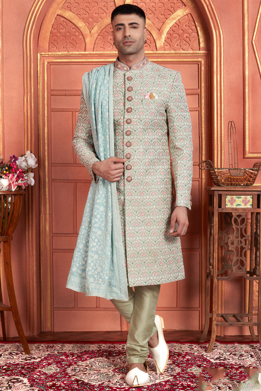 Sea Green Art Silk Mens Sherwani (NMK-7885) - Nihal Fashions