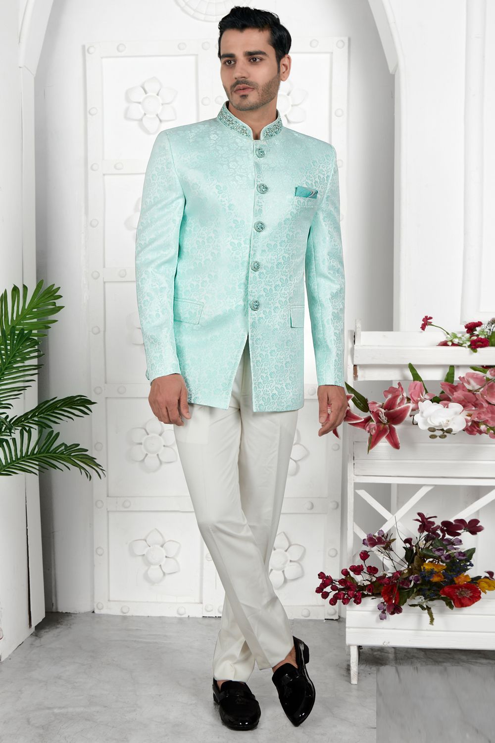 Sea Green Imported Jaquard Silk Indo Western (NMK-7206) - Nihal Fashions