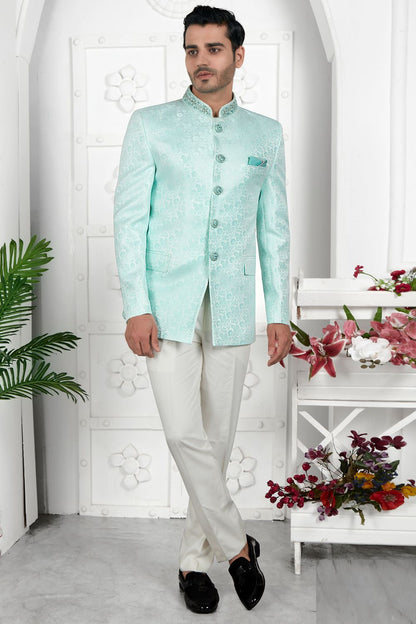 Sea Green Imported Jaquard Silk Indo Western (NMK-7206) - Nihal Fashions
