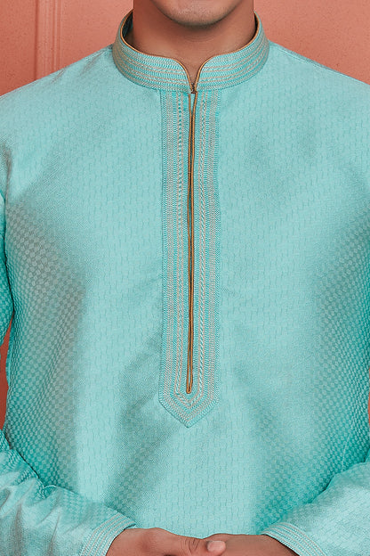 Sea Green Jaquard Silk Brocade Kurta Pajama (NMK-8155) - Nihal Fashions