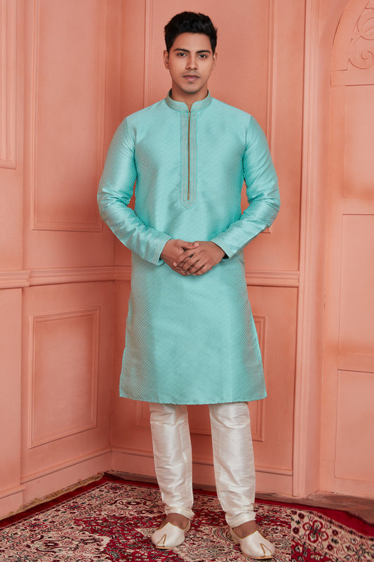 Sea Green Jaquard Silk Brocade Kurta Pajama (NMK-8155) - Nihal Fashions