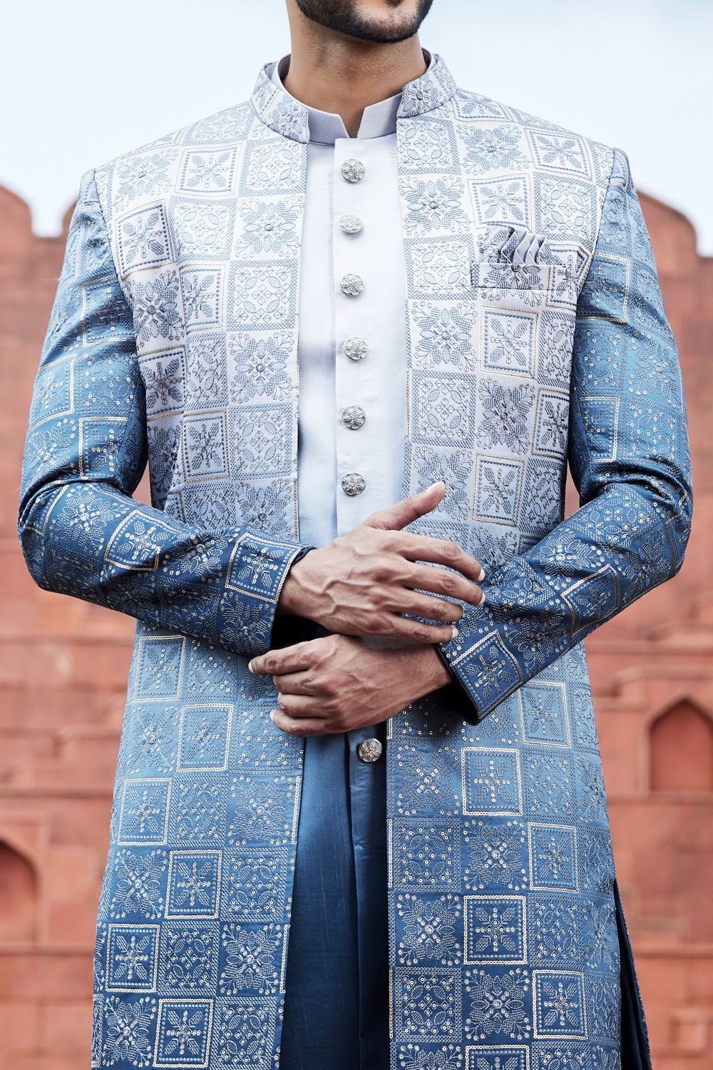Shaded Blue Art Silk Mens Indo Western (NMK-7107) - Nihal Fashions