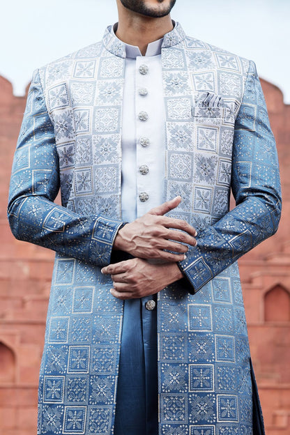 Shaded Blue Art Silk Mens Indo Western (NMK-7107) - Nihal Fashions