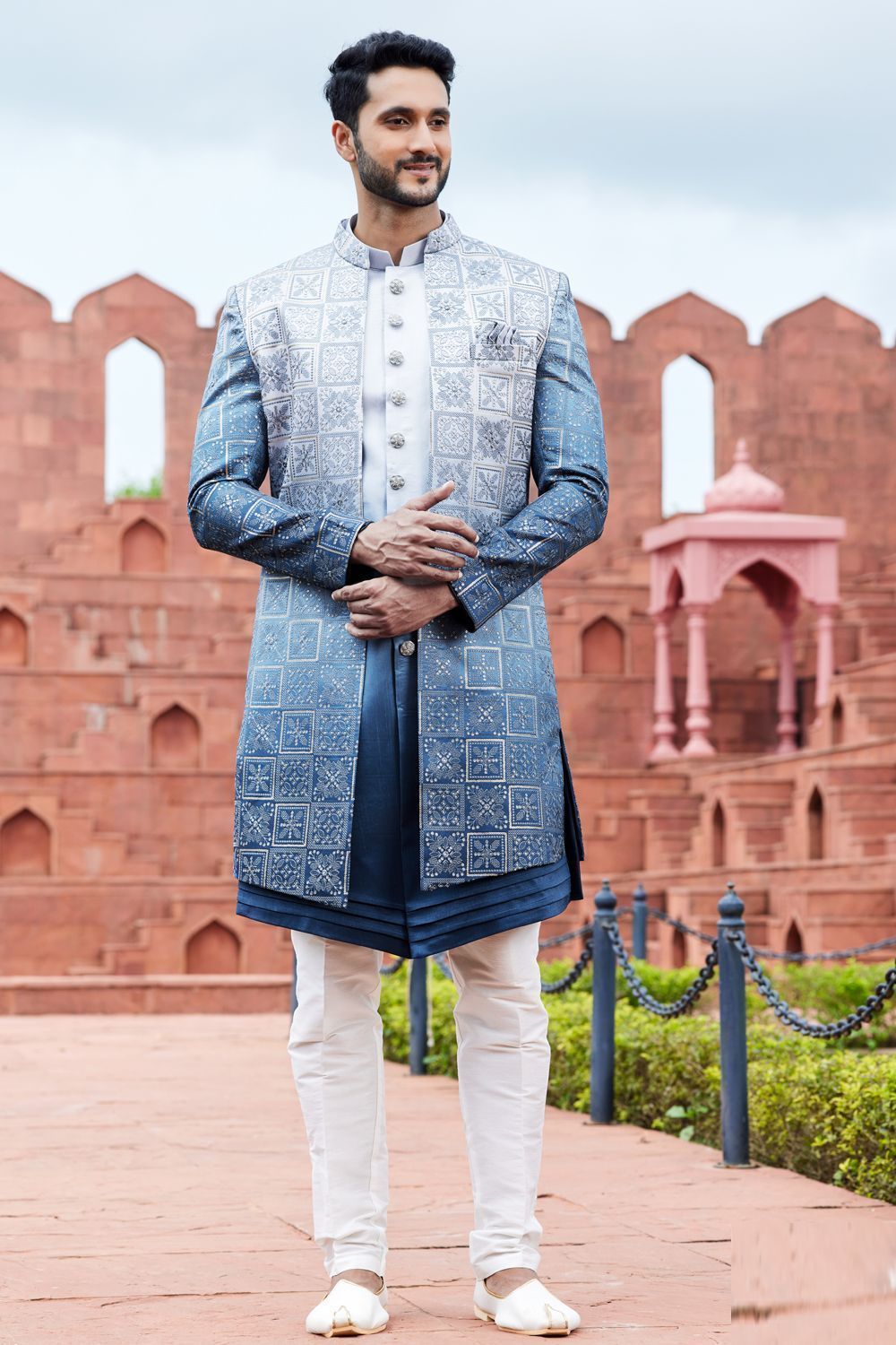 Shaded Blue Art Silk Mens Indo Western (NMK-7107) - Nihal Fashions