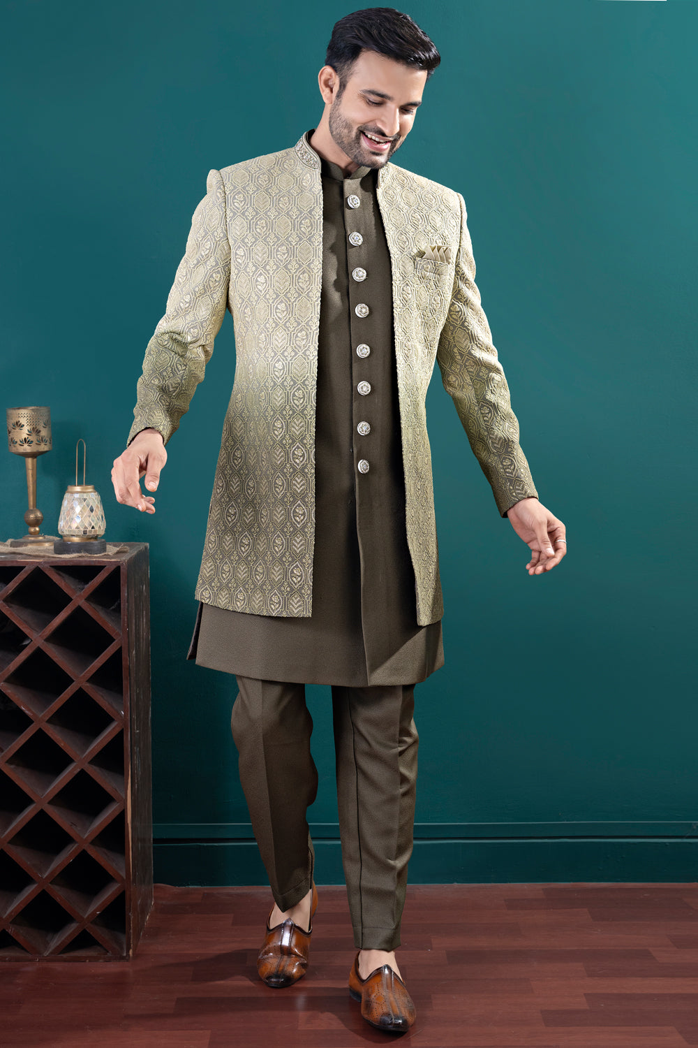 Shaded Green Imported kurta with jacket (NMK-8442) - Nihal Fashions