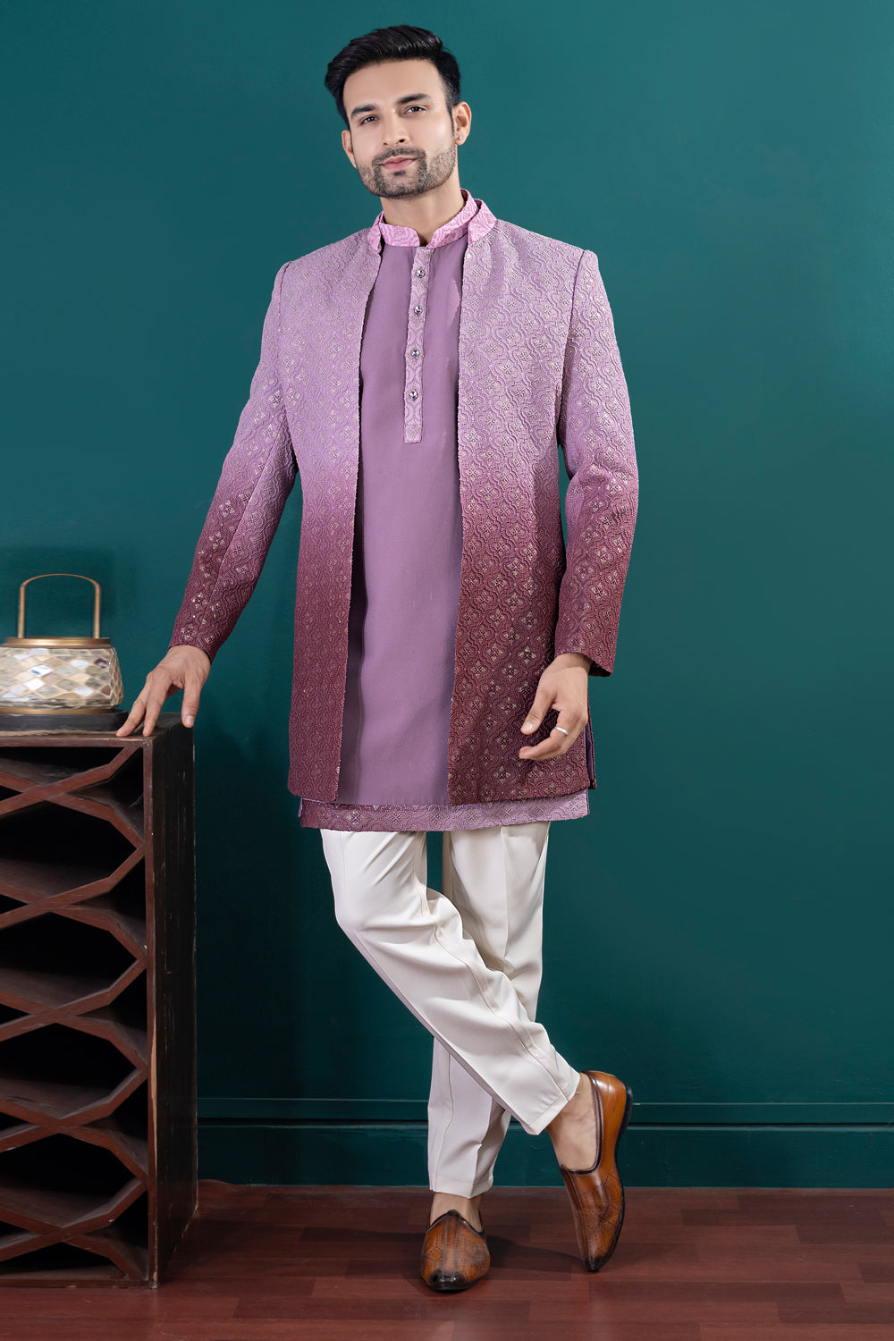 Shaded Lavender Imported kurta with jacket (NMK-8440) - Nihal Fashions