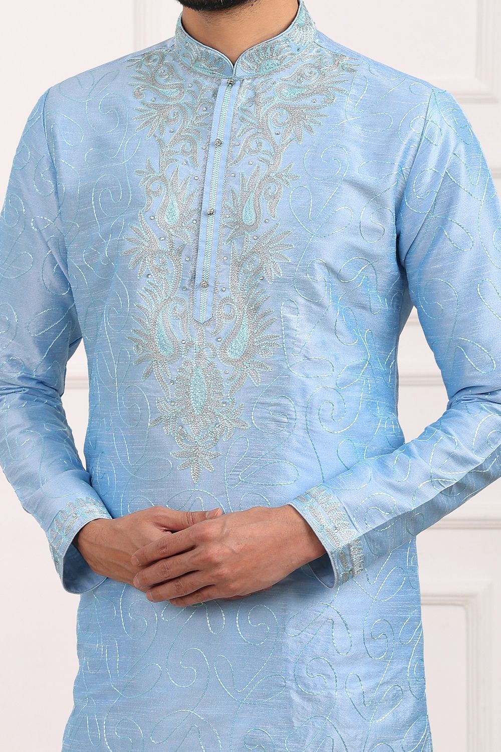 Sky Blue Art Banarasi Silk Kurta for Mens (NMK-7009) - Nihal Fashions