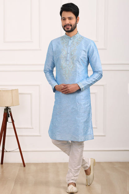Sky Blue Art Banarasi Silk Kurta for Mens (NMK-7009) - Nihal Fashions
