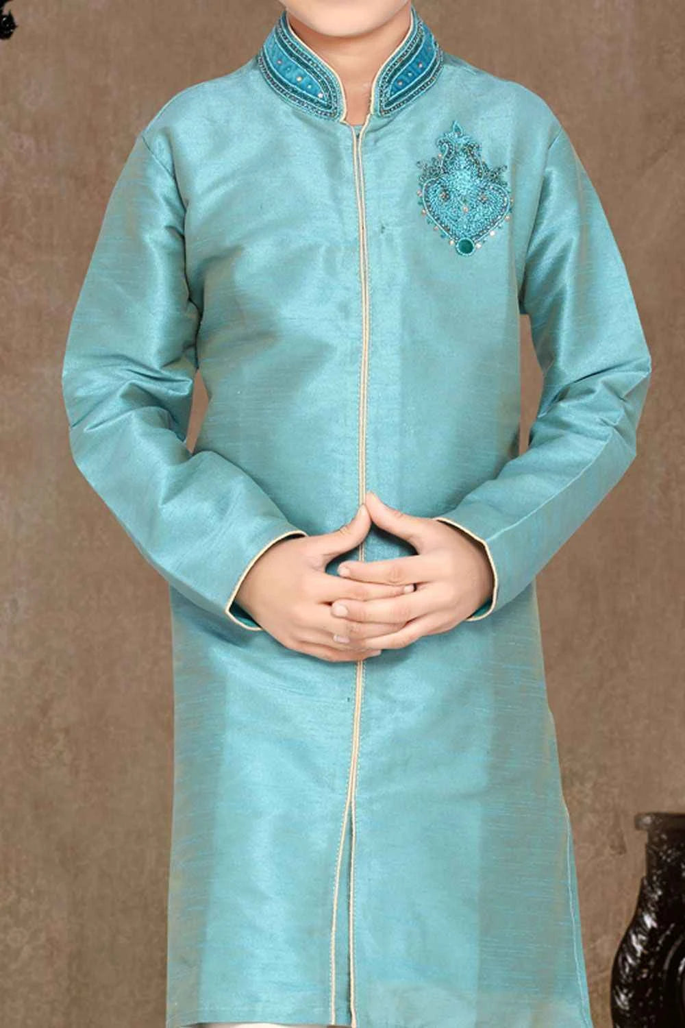 Sky Blue Art Dupion Kids Sherwani (NKK-462)