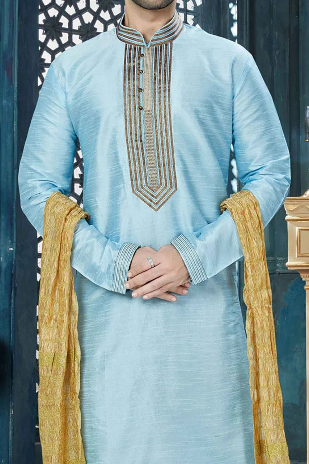 Sky Blue Art Dupion Regular Kurta Pajama (NMK-3811)