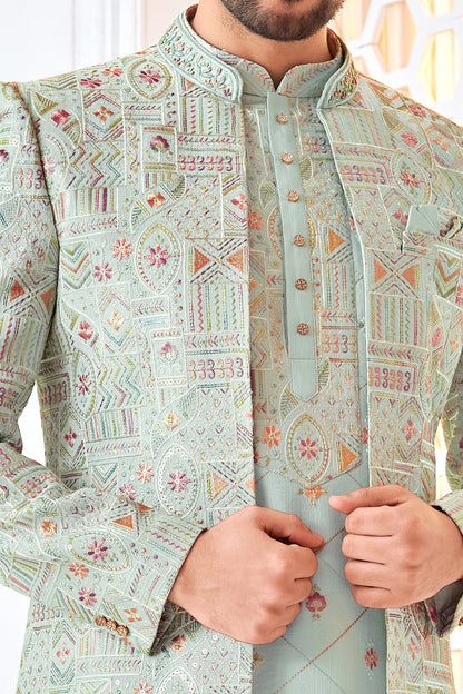 Sky Blue Art Embroidered Silk Indo Western (NMK-8546) - Nihal Fashions