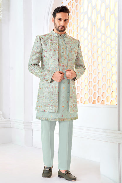 Sky Blue Art Embroidered Silk Indo Western (NMK-8546) - Nihal Fashions