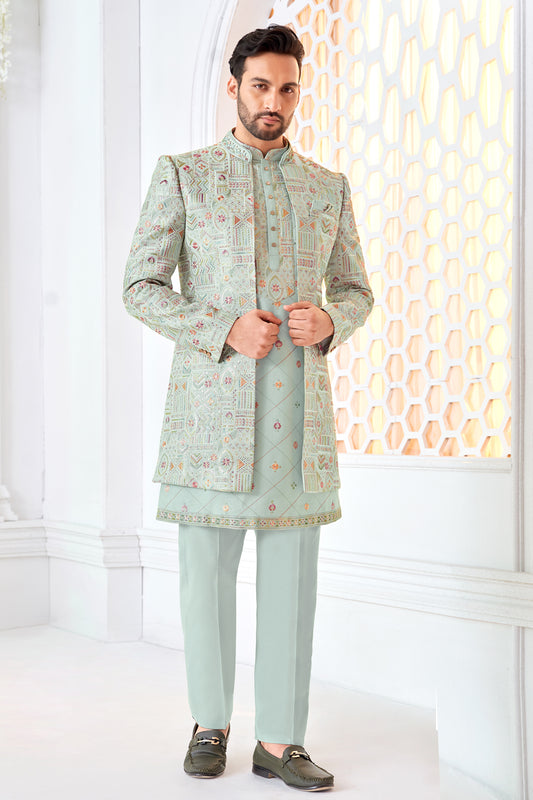 Sky Blue Art Embroidered Silk Indo Western (NMK-8546) - Nihal Fashions