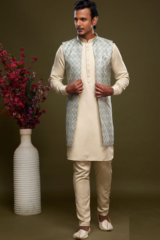 Sky Blue Art Silk Digital Printed Jacket Kurta (NMK-7089) - Nihal Fashions