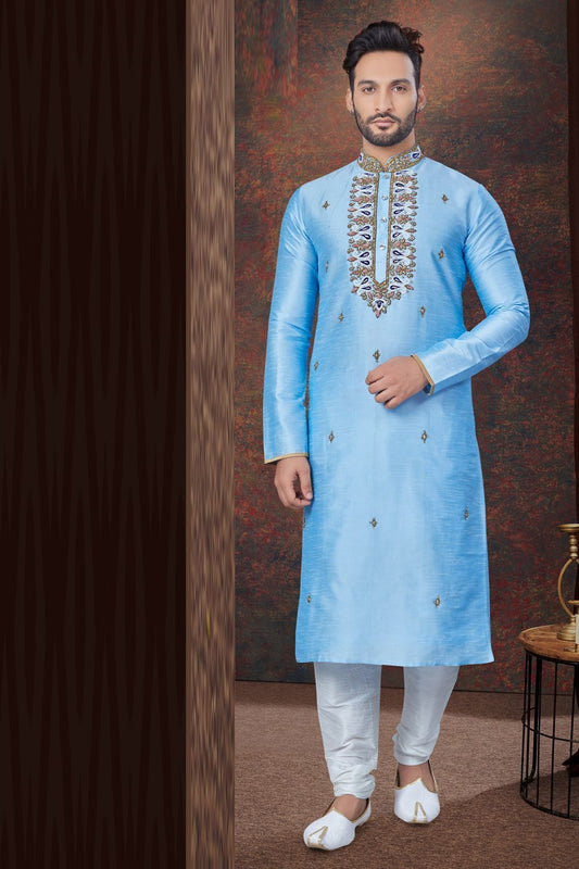 Sky Blue Art Silk Kurta Pajama (NMK-7832) - Nihal Fashions