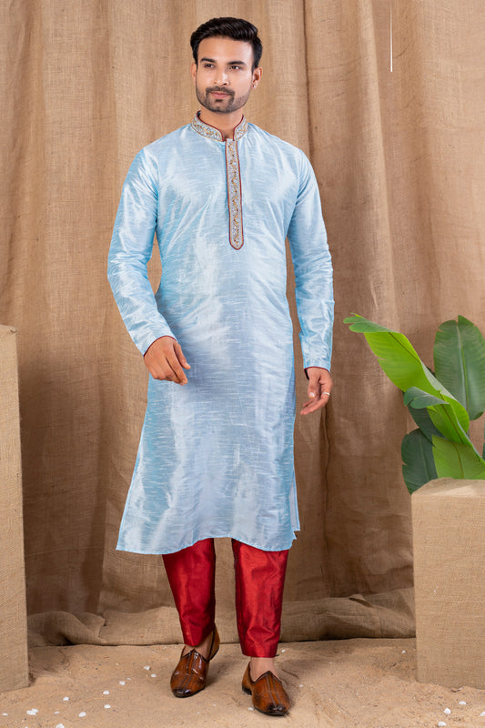 Sky Blue Art Silk Kurta Pajama (NMK-8513) - Nihal Fashions