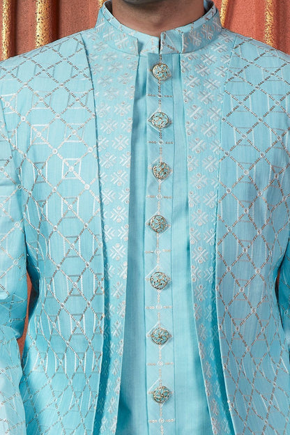 Sky Blue Art Silk Mens Indo Western (NMK-7719) - Nihal Fashions