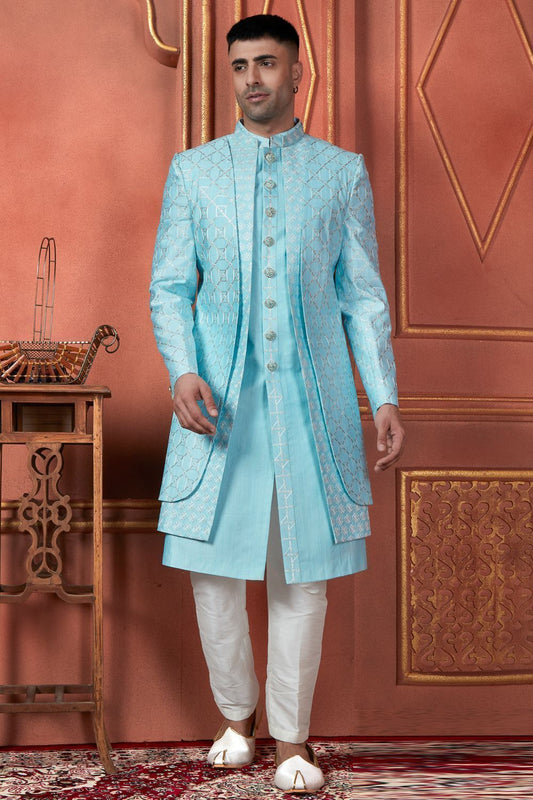 Sky Blue Art Silk Mens Indo Western (NMK-7719) - Nihal Fashions