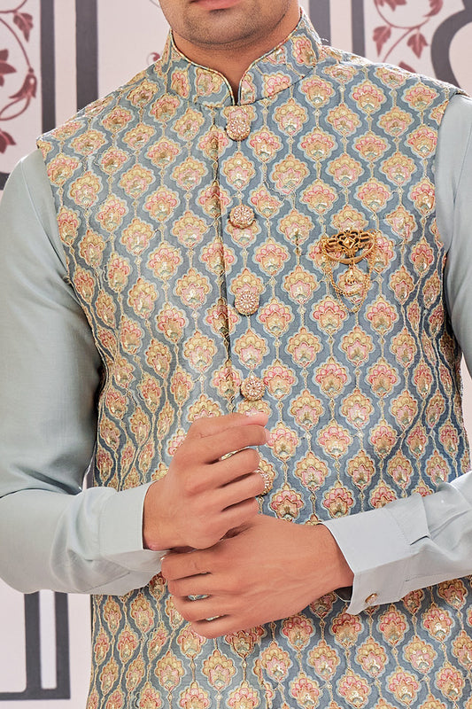 Sky Blue Art Silk Nehru Jacket (NMK-7987) - Nihal Fashions