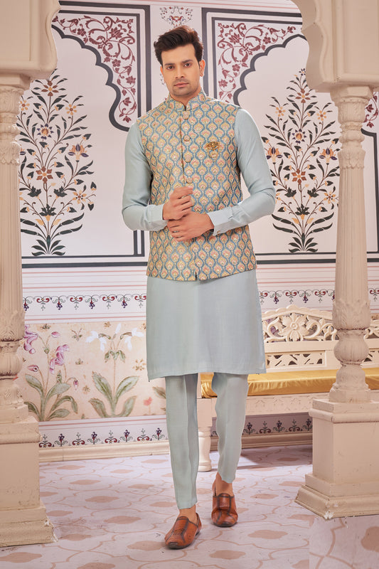 Sky Blue Art Silk Nehru Jacket (NMK-7987) - Nihal Fashions