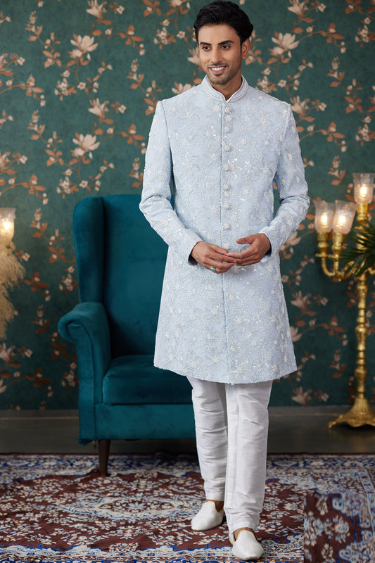 Sky Blue Art Silk Sherwani (NMK-8232) - Nihal Fashions